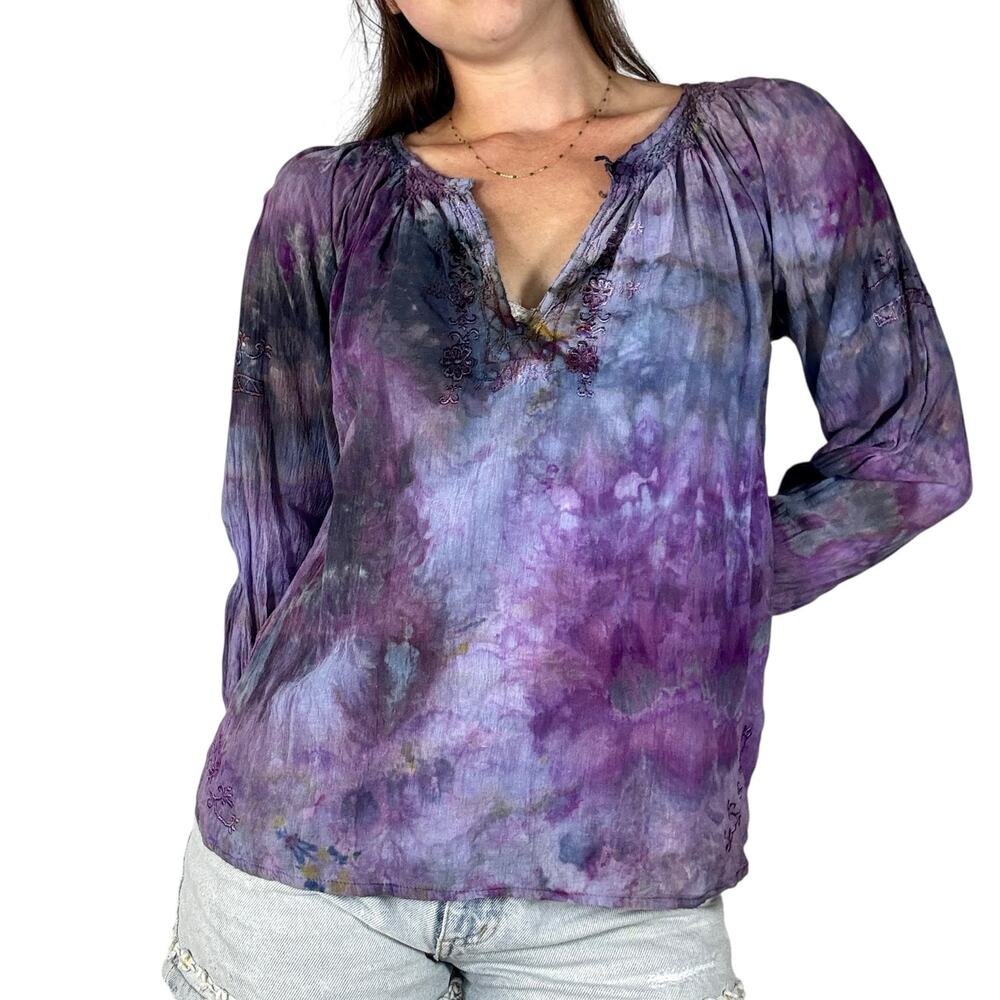 Vintage 70s REEEGAN Hand Dyed STAR OF INDIA Cotton Smocked Boho Blouse